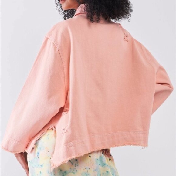 Washed Peach Distressed Button-Down Jacket - Picture 3 of 4